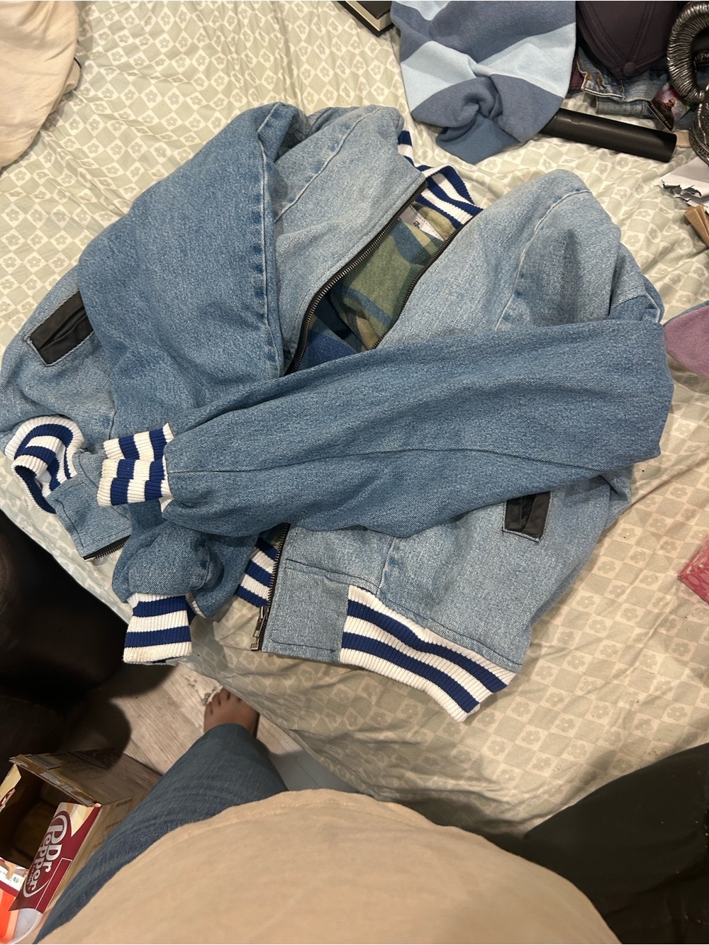 Light Wash Denim Bomber Jacket with Striped Knit Trim